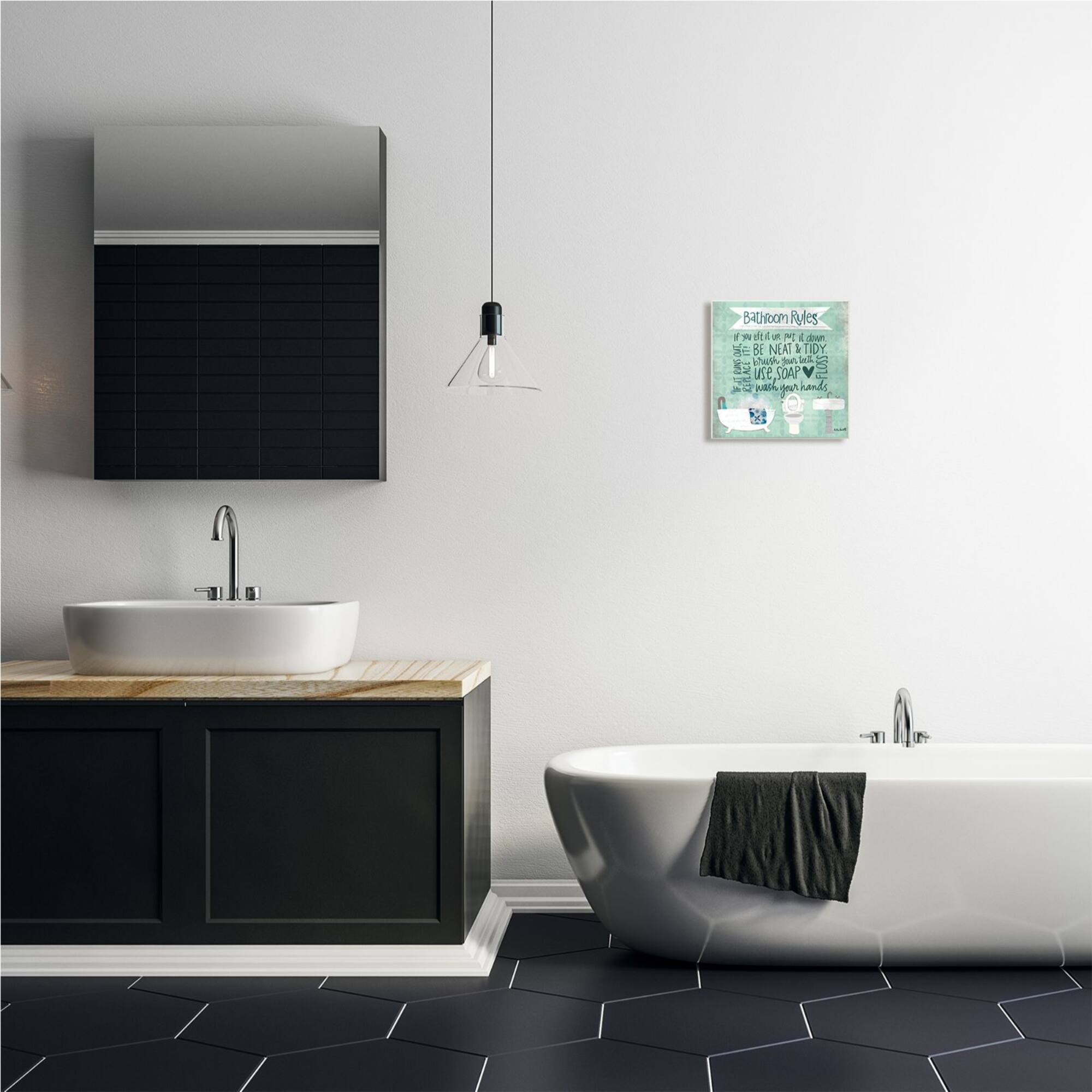 Stupell Industries Aqua Blue Bathroom Rules Collage Look Typography Wood Wall Plaque